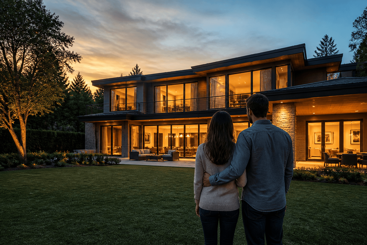 Couple looking toward a modern home at dusk